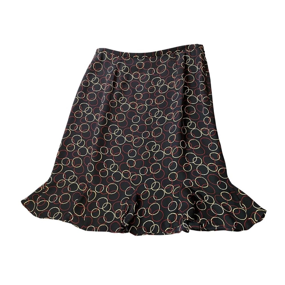 Talbots Black Circle Print Silk Skirt Ruffle Hem Fully Lined Size 14